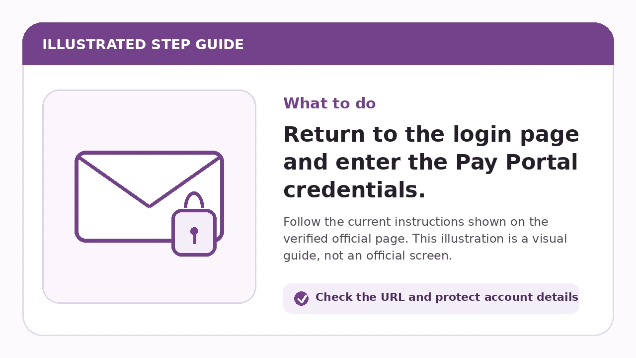 Illustrated guide for Return to the login page and enter the Pay Portal credentials