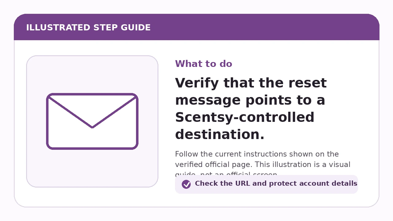 Illustrated guide for Verify that the reset message points to a Scentsy-controlled destination