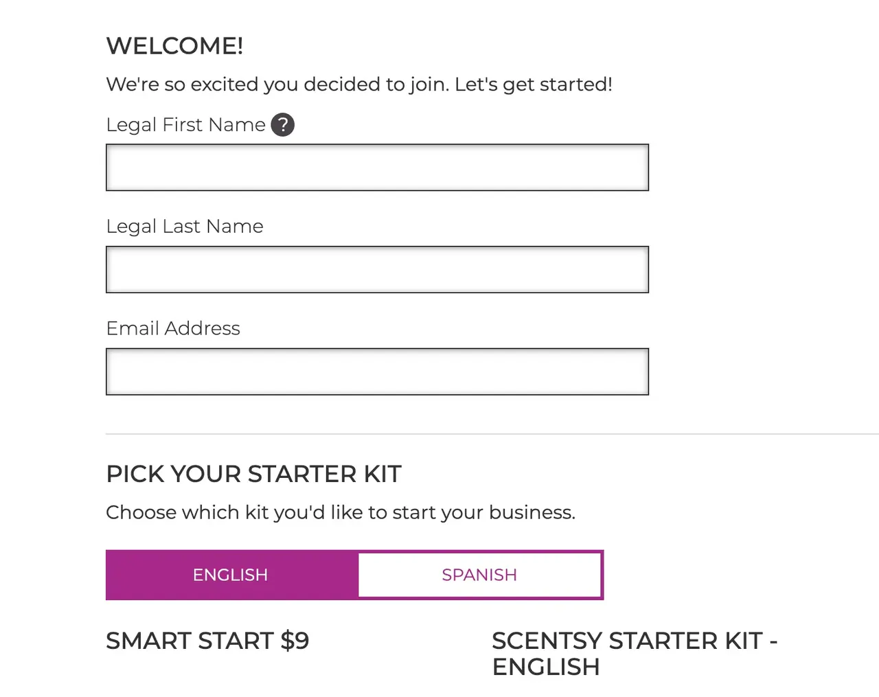 Scentsy consultant enrollment page showing contact details and Starter Kit choices
