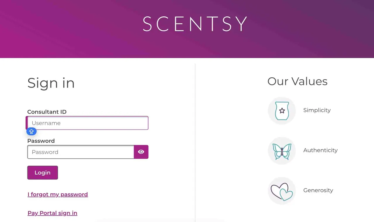 Scentsy Workstation sign-in screen with Consultant ID and password fields