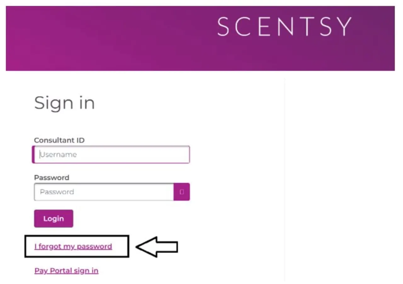 Scentsy Workstation sign-in screen with the forgot password link highlighted