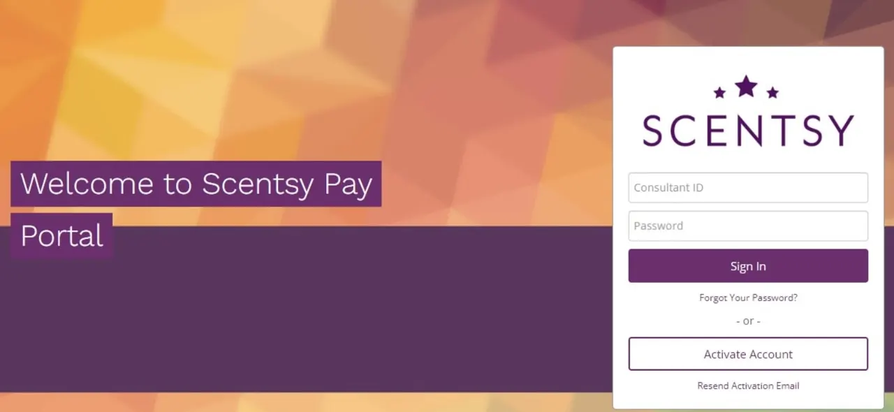 Scentsy Pay Portal welcome and sign-in screen
