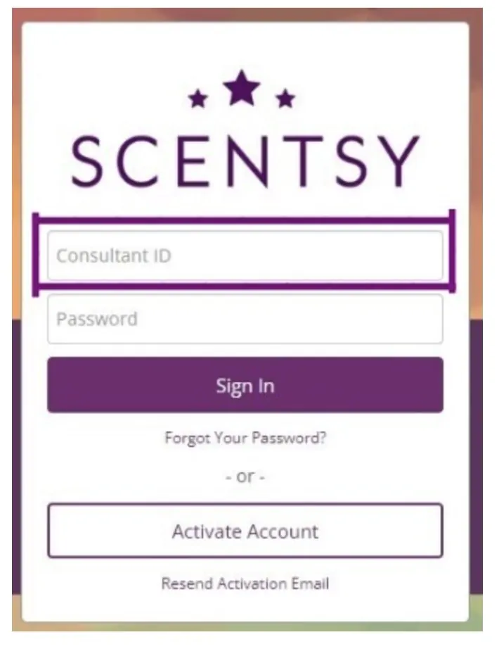 Mobile Scentsy Pay Portal screen with the Consultant ID field highlighted