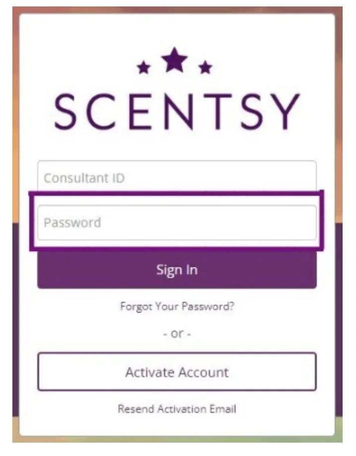 Mobile Scentsy Pay Portal screen with the password field highlighted