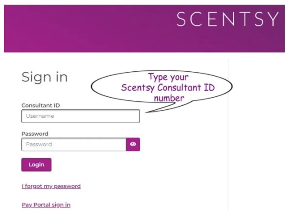 Scentsy Workstation sign-in screen explaining where to enter the Consultant ID