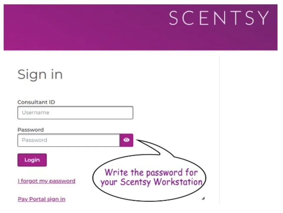 Scentsy Workstation sign-in screen explaining where to enter the password