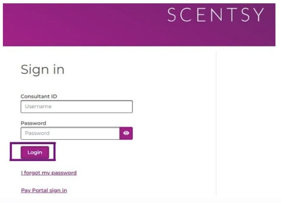 Scentsy Workstation sign-in screen with the Login button highlighted